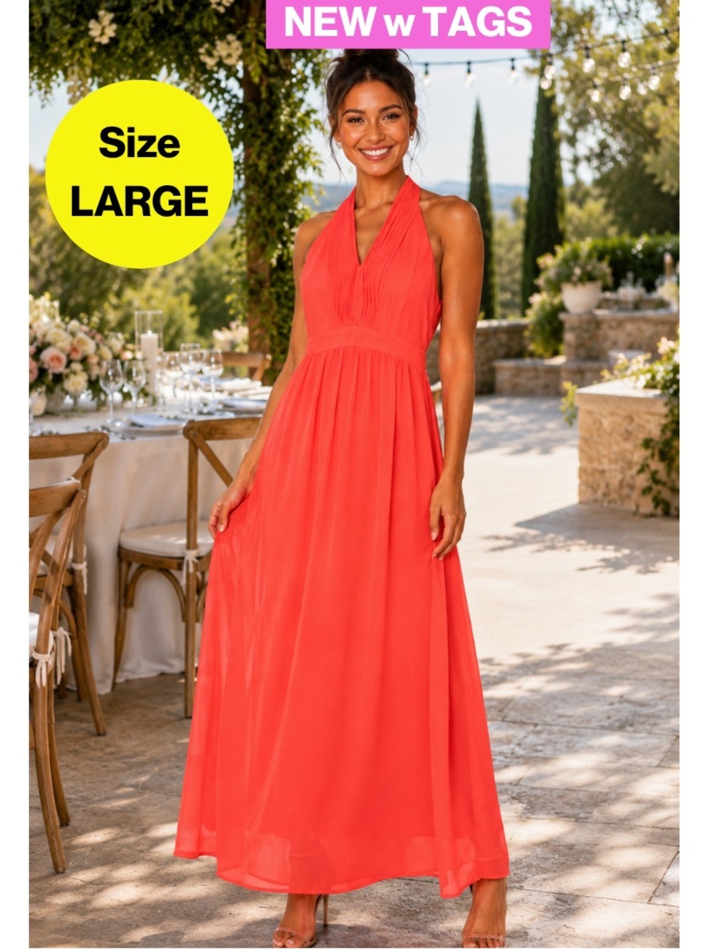 NEW w TAGS 🏷️ ARK & CO. Coral Halter-Neck Maxi Dress (Women’s Large)
